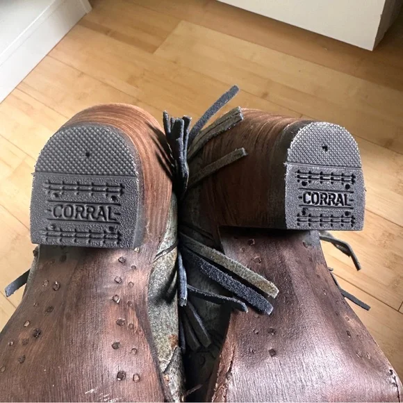 Corral Distressed Gray-Brown Leather Fringe Western Heeled Boots - Picture 11 of 13